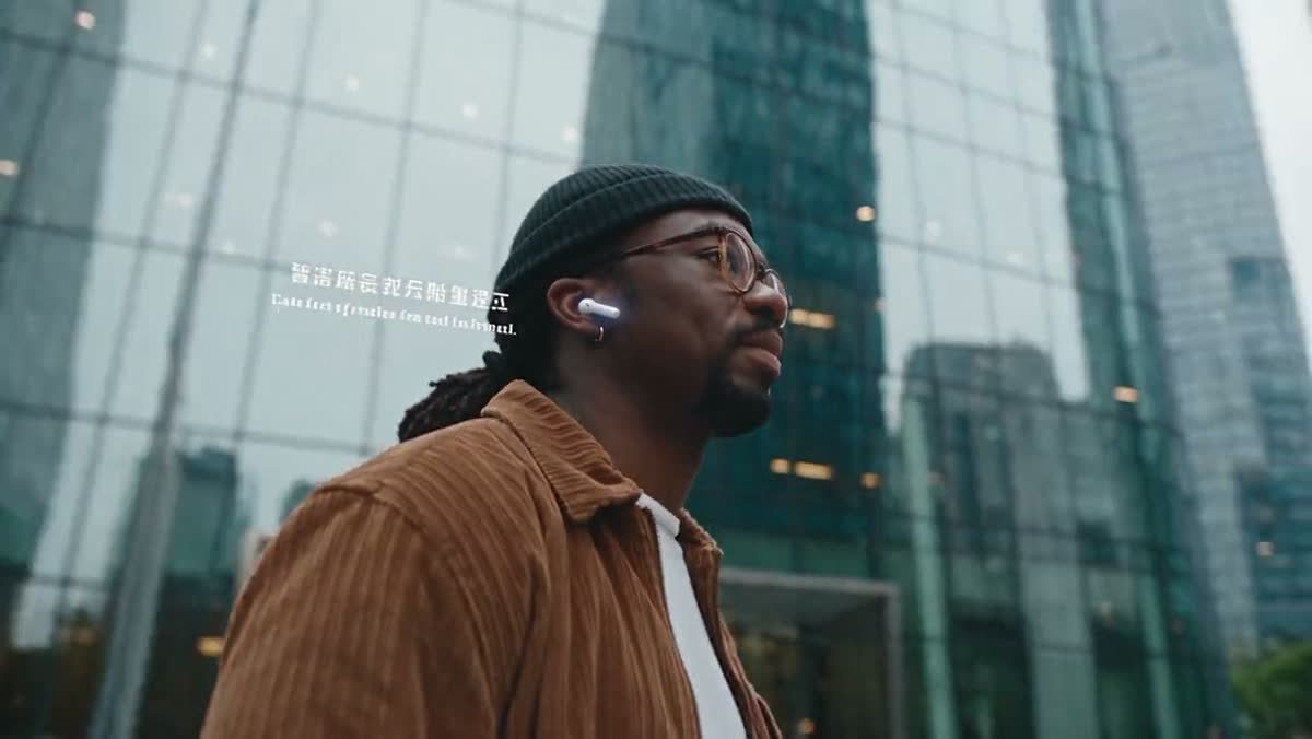 Man in a beanie and corduroy jacket in front of glass towers, from the AI Bah reel